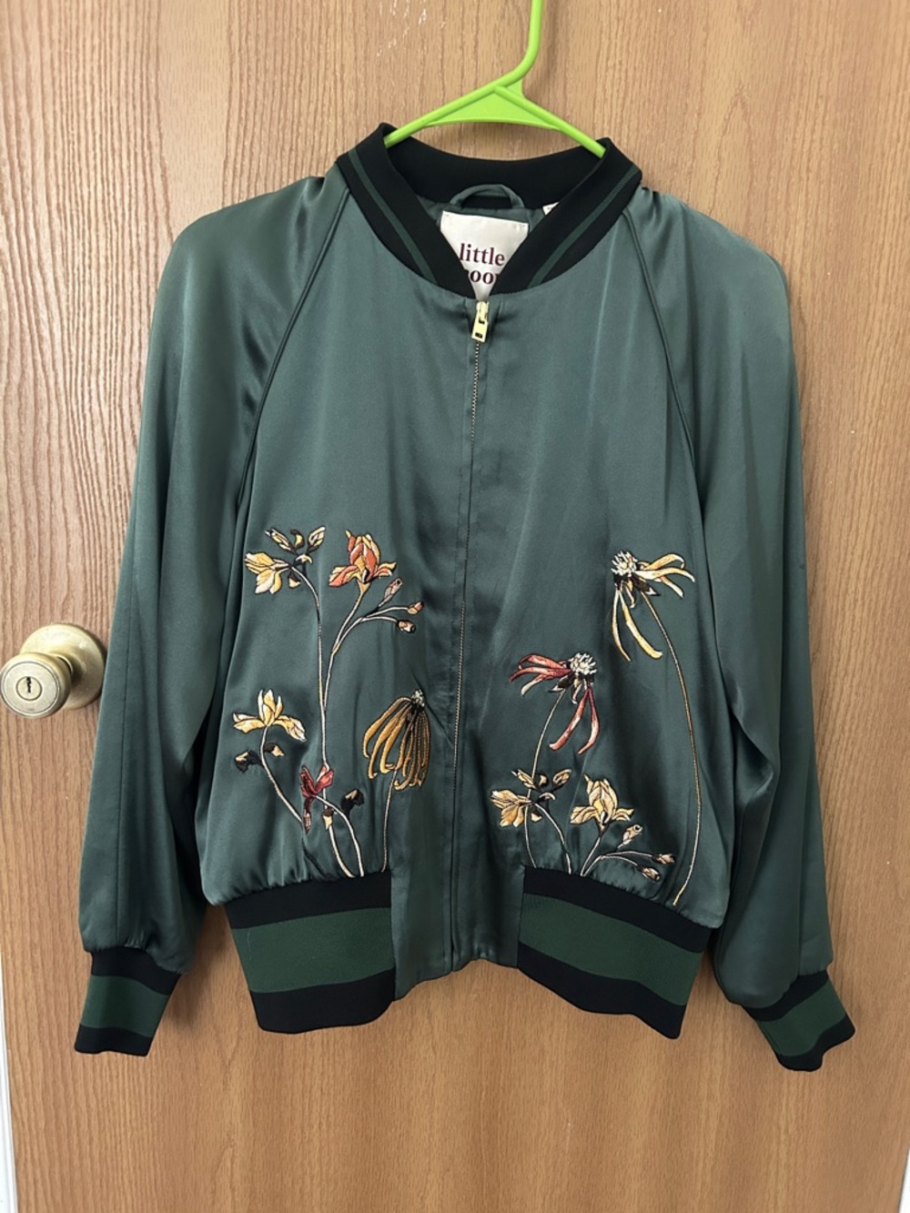 Little Moon Forest Green Satin Bomber Jacket with Floral Embroidery